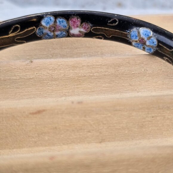 Vintage Black Cloisonné Bangle Bracelet With Floral Enamel Design In Blue & Pink - Picture 6 of 9
